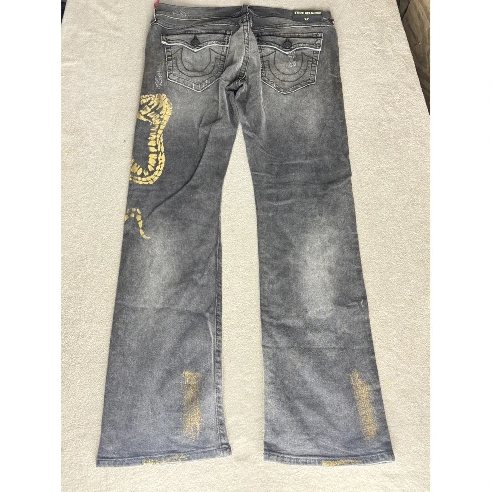 True Religion Ricky W Flap Straight Jeans Black Gold Snake Distressed Mens 38